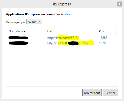 Afficher toutes les applications de IIS Express